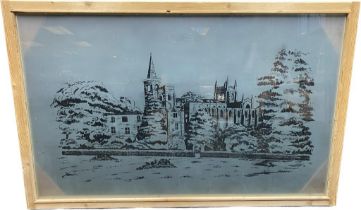 Large glass panel depicting Dunfermline Abbey by Julie Ross Glass Design with original paperwork. [