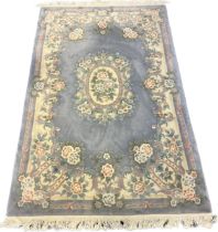 Large Wool rug- blue ground, floral and pastel trims. [280x183cm]