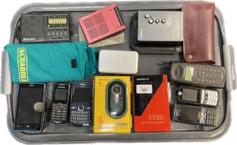 Tray of vintage Walkman's and Mobiles; Sony Sports Walkman, Sony Walkman DD and Sanyo Stereo and