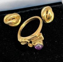 Edinburgh 9ct yellow gold and amethyst stone set ring together with a pair of 9ct gold earrings. [