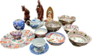 Collection of Chinese porcelain wares; Famille Rose pattern bowls, Root wood figure carvings,