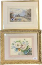 Small framed watercolour after Birket Foster depicting mother and two girls surrounded by