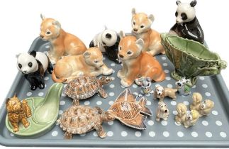 A Tray of collectables; Wade Disney dog figures, Wade Mermaid and sea horse design small vase, Royal