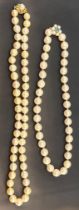 Two cultured pearl necklaces, even size pearls, fitted with 9ct gold & pearl clasp, 9ct gold pearl