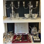 Collection of silver plated and E.P Wares; Pair of candelabras, Art Nouveau inspired cream and sugar