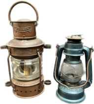 Antique copper ship lantern 'Anchor' Simpson Lawrence Ltd, Glasgow C.1. Together with a storm lamp.