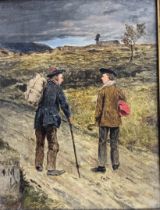 Unattributed Oil on canvas depicting two gentleman walking titled 'The Meeting on The Road to