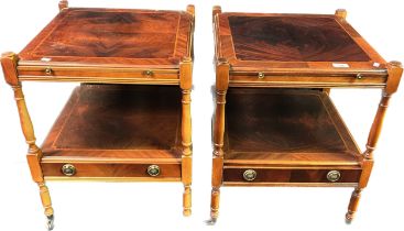 Flamed mahogany side tables with butlers tray [60x46.5x46cm]