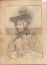 19th Century pastel drawing of a lady of that period with feathered hat, unsigned. [Frame 66x52cm]