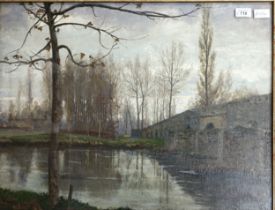 R.A.M Stevenson 19th Century oil on board depicting a moody bridge and riverscape. Within a