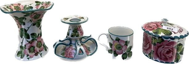 Four pieces of Wemyss Ware; Unusual designed candle holder- cabbage rose design. Biscuit barrel-