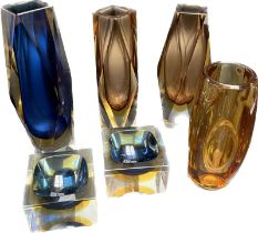 A Selection of six various art glass Murano and Czech vases and pin dishes. Murano Blue and orange
