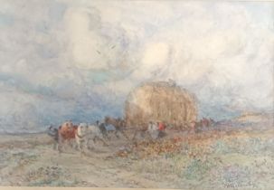 F.W.Hattersley Antique watercolour depicting people pulling a hay cart, signed. [Frame 30cm x 38cm]