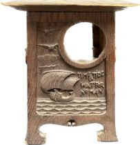 Arts & Crafts oak Liberty style clock case. Carved with a Viking Longboat at sea with saying