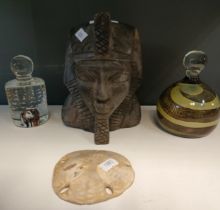 Selection of odds; Carved stone Egyptian bust, Shell type fossil and two art glass paperweights