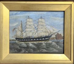 19th Century oil on board depicting a ship at sea, unsigned. [Frame 24x26cm]