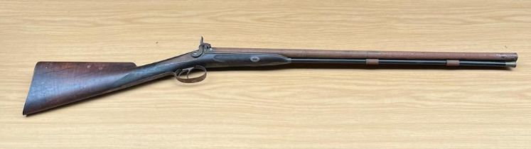 19th century cap rifle. Engraved to top and metal work- see images. Mahogany wood and steel. Comes