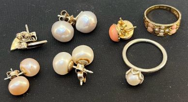 Antique 9ct yellow gold, coral and pearl set ring, 9ct yellow gold and pink stone earrings, Four