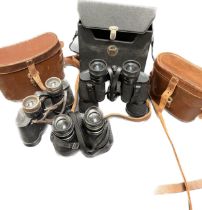 Three pairs of binoculars with travel cases, H.H. & Son's Ltd. Pilot No.228, Hanimex 8x40 & Carl