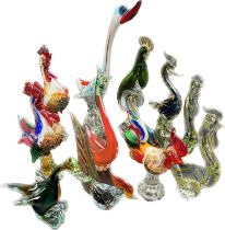 Collection of art glass Murano style cockerel figure sculptures and various others. Varying