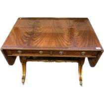 Antique desk, the rectangular top with drop ends above two drawers, raised on pedestal legs with