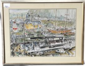 Francis J. MacDonald Original watercolour depicting harbour scene 'Crinan' [Frame 74x94cm]