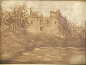 Antique watercolour depicting a castle surrounded by tree's and river within a moulded frame,