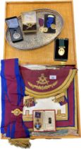 Boxed Masonic Lodge aprons and medallions; No. 250 Dunfermline Lodge Union medallion with bodge,