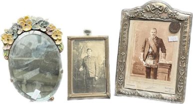 Small Barbola mirror, Sheffield silver ornate photoframe containing Masonic Lodge member and coin