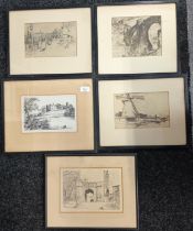 Jamieson 5 Etchings depicting various historic buildings and street scene, signed. [Frame 33cm x