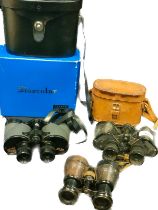 Three various pairs of binoculars; WW2 Bino Prism No.2 MKIII X6 Taylor- Hobson binoculars, Field