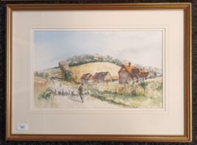 Michael Easton A pair of watercolours titled 'Bringing In The Sheep' and 'Bradenham Village',