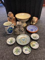 Selection of studio and ceramic items; Studio pottery tazza bowl, Maya style figure sculptures,