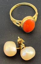 Foreign 18ct yellow gold and coral ring, together with a pair of pearl and 18ct gold earrings. [