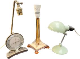 Three retro table lamps; Pifco Timeside alarm clock desk lamp combination, Lucite orange base colour