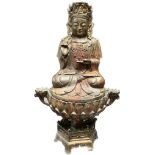 Chinese Bronze deity censor burning pot, figural Buddha lid. [23cm high]