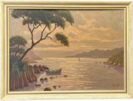 Vintage oil painting on canvas depicting ocean opening and mountain landscape, signed Dicson. [