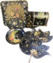 A Selection of 19th century Paper Mache, black lacquered and mother of pearl items; Dome topped