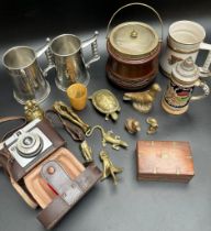 Selection of collectable odds; Ilford Sporti Camera, small mahogany and brass bound box, Victorian