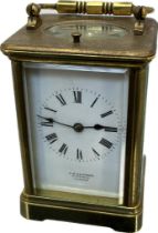 Antique Brass and bevel glass carriage clock; H.W. Bedford London- Double barrel movement - in a