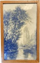 19th century porcelain blue and white hand painted framed plaque- depicts tree and river scene