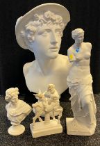Four varying sized sculptures; Large Greek study bust sculpture and three smaller ones. [57cm high]