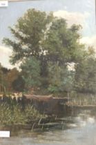 R.A.M Stevenson 19th Century Oil on canvas riverscape, signed and dated 1877 within a moulded frame.