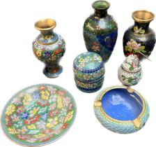 A Selection of Chinese Cloisonné ware; small vases, lidded trinket boxes and dishes. [Vase- 11.5cm