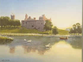 J.Burton Watercolour colour depicting a man fishing overlooking a castle in the background,