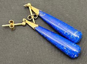 A Pair of 9ct yellow gold and Lapis Lazuli drop earrings.