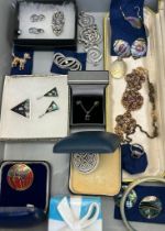 A Selection of vintage jewellery; Various earrings, Marcasite and pearl brooch, Enamel dog brooch