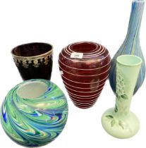 Five various art glass vases, Art deco design purple vase with pewter worked rim, Victorian green