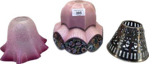 Three various lamp shades; Art Deco Supastone Czech made pink glass shade with ornate floral trim,