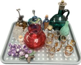 Tray of Collectables; Mdina perfume bottle, Bohemian facet cut glass drinking glasses, Cranberry